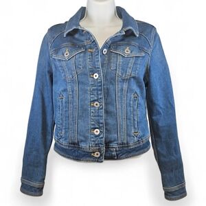 Anthropologie Pilcro Denim Jacket Small Petite Stretch Fitted Trucker Blue Jean